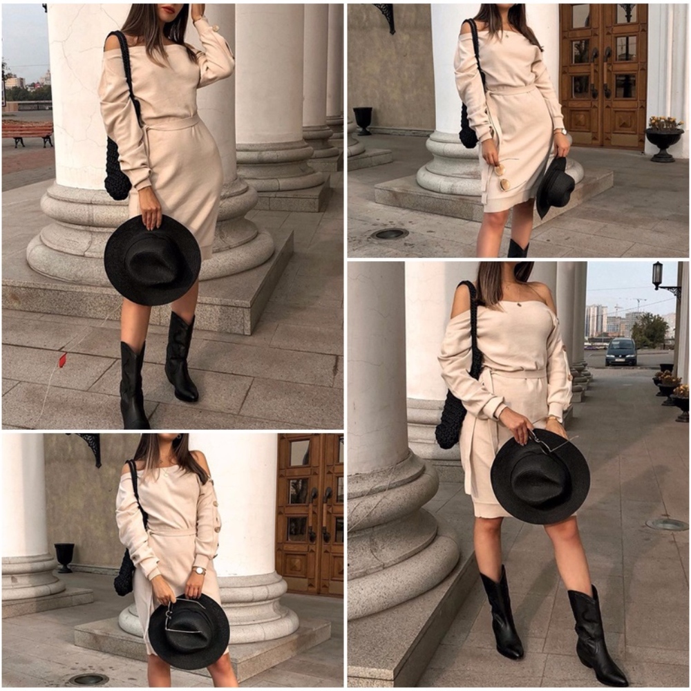 Knit One Shoulder Belted Dress in Beige - Picture 10 of 14